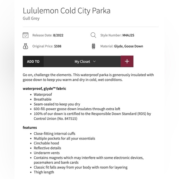 Lululemon NWT Men’s Cold City Parka sz Lg Gull Grey - Picture 10 of 11